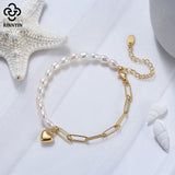 Vintage 14K 925 Silver Paperclip Link Pearl Chain Bracelet Heart Women's Jewelry