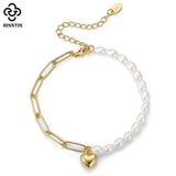 Vintage 14K 925 Silver Paperclip Link Pearl Chain Bracelet Heart Women's Jewelry