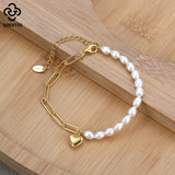 Vintage 14K 925 Silver Paperclip Link Pearl Chain Bracelet Heart Women's Jewelry