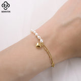 Vintage 14K 925 Silver Paperclip Link Pearl Chain Bracelet Heart Women's Jewelry