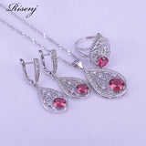 Rose Red Round & Flower Silver 925 Jewelry Set - Ring Earrings Necklace Bracelet