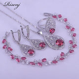 Rose Red Round & Flower Silver 925 Jewelry Set - Ring Earrings Necklace Bracelet