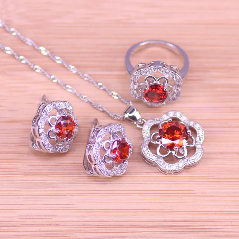 Red Rose Silver Jewelry Set for Women