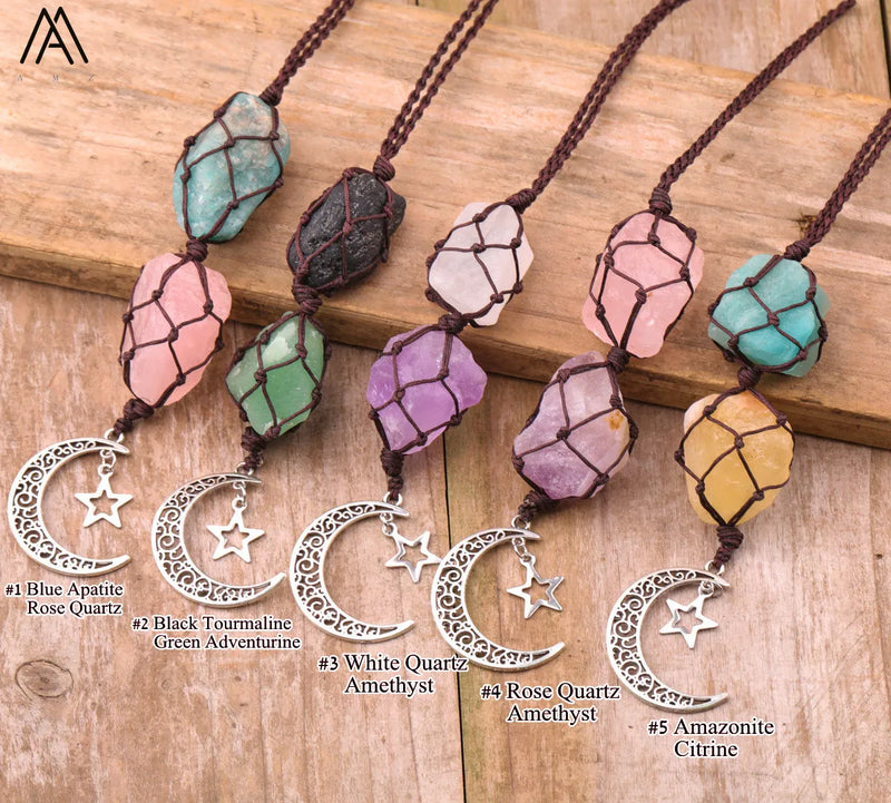 Rock Crystal Moon Charms Pendant Gemstones Macrame Car Hanging Decor