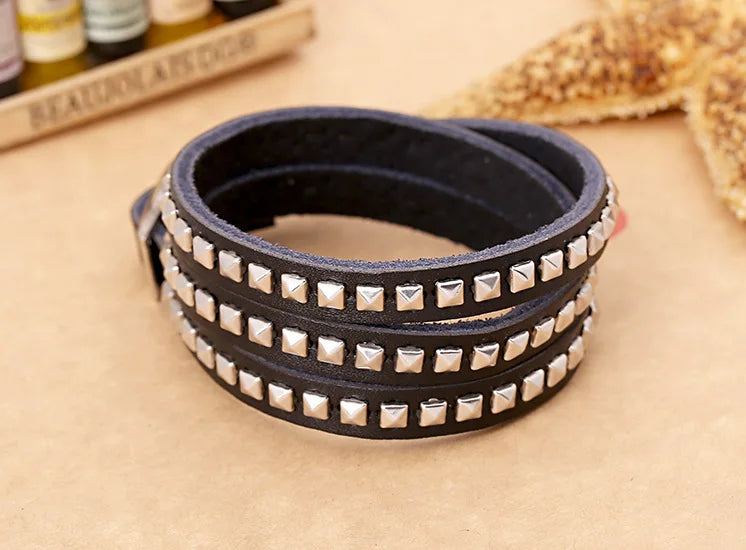 Rock Punk Silver Nail Leather Bracelet Multi-circle Cowhide Bracelet