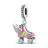 Roller Skates Wings Dangle Charm for Bracelet Necklace Silver Enamel Pendant