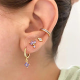 925 Silver Hoop Earrings Charms Purple Water Drop/Cross/Rectangle Jewelry