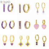 925 Silver Hoop Earrings Charms Purple Water Drop/Cross/Rectangle Jewelry