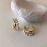 Geometric Wave Pearl Earrings for Women 14K Gold Plated Jewelry