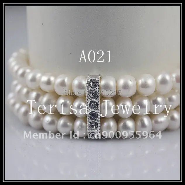 Romantic Freshwater Pearl Rhinestone Bracelet 3 Rows 7.5'' Elastic