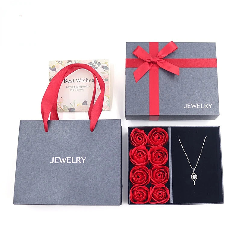 Romantic 8 Roses Jewelry Red Bow Pendant Necklace Ring Earring Box Cross Bow