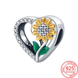 925 Sterling Silver Sunflower Charm Love Ring Pendant Two Tone Bracelet DIY