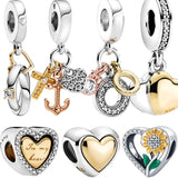 925 Sterling Silver Sunflower Charm Love Ring Pendant Two Tone Bracelet DIY