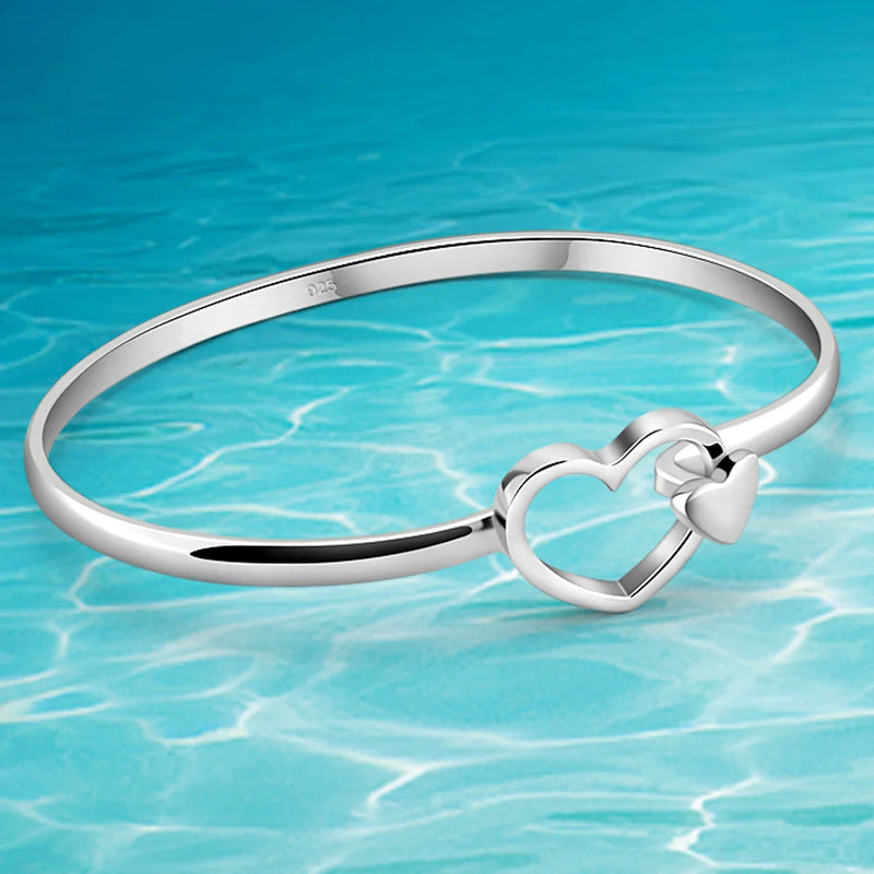 Romantic 925 Silver Heart Bangle Cuff Bracelet for Women
