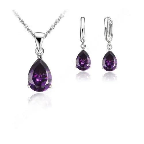 925 Silver Crystal Jewelry Set CZ Pendant Necklace Earring Bijoux