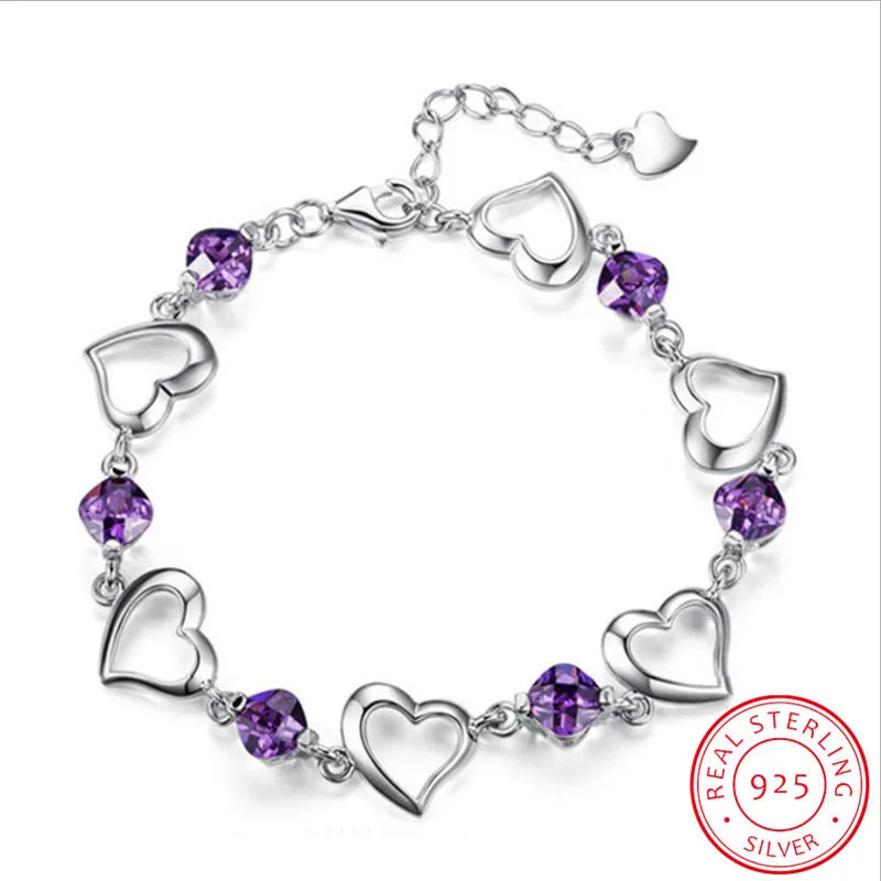 925 Silver Purple Crystal Hollow Heart Bracelet Wedding Gift