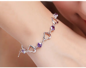 925 Silver Purple Crystal Hollow Heart Bracelet Wedding Gift