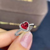 925 Sterling Silver Red Heart Crystal Ring Sparkling Zircon Wedding Jewelry