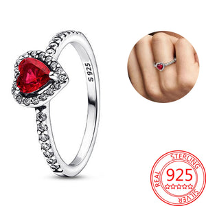 925 Sterling Silver Red Heart Crystal Ring Sparkling Zircon Wedding Jewelry