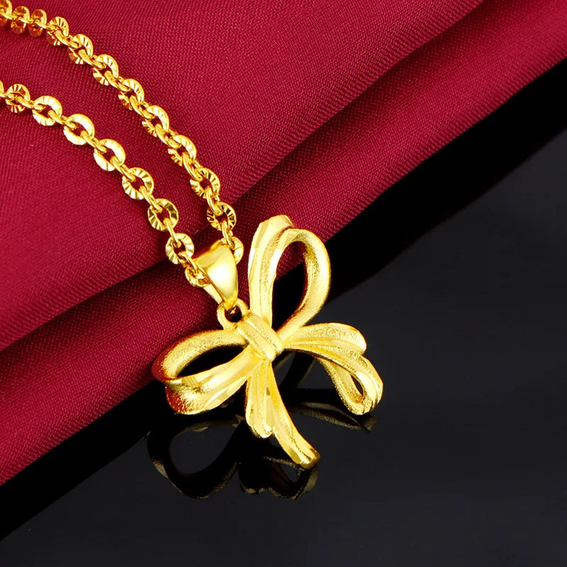Romantic Bow Knot 24k Pure Pendant Necklace for Women