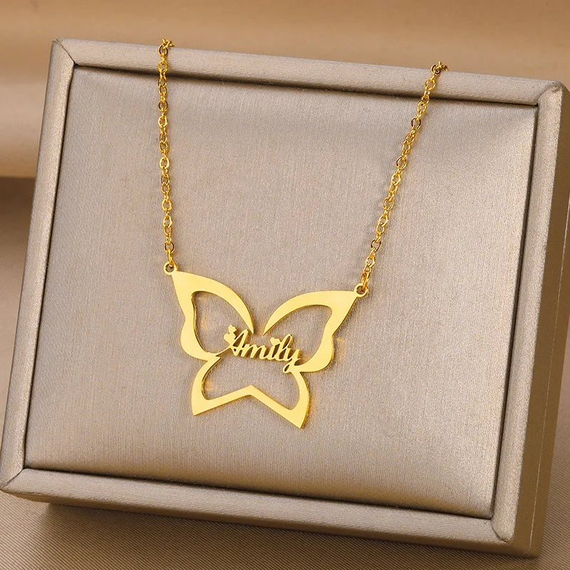 Butterfly Heart Name Necklace for Women Personalized Charm Letter Jewelry