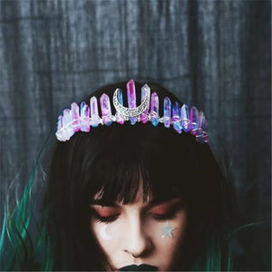 Colorful Tiara Crown Rainbow Raw Quartz Headband Antique Moon Bridal Hair Acce