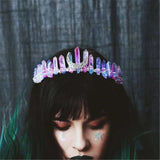 Colorful Tiara Crown Rainbow Raw Quartz Headband Antique Moon Bridal Hair Acce