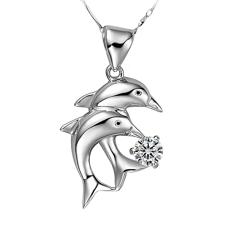 Romantic Dolphin Crystal Pendant Necklace 925 Silver Jewelry for Women
