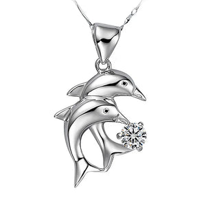 Romantic Dolphin Crystal Pendant Necklace 925 Silver Jewelry for Women