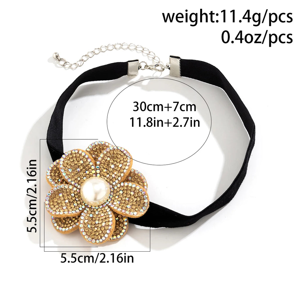 Vintage Rhinestone Rose Flower Choker Necklace for Women