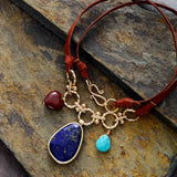 Romantic Gems Lapis Turquoise Stone Chain Statement Leather Necklace Women Boho