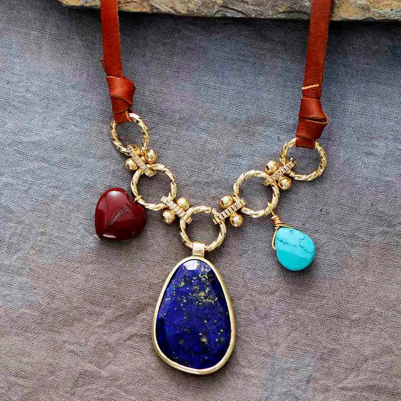 Romantic Gems Lapis Turquoise Stone Chain Statement Leather Necklace Women Boho