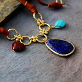 Romantic Gems Lapis Turquoise Stone Chain Statement Leather Necklace Women Boho