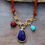Romantic Gems Lapis Turquoise Stone Chain Statement Leather Necklace Women Boho