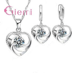 925 Silver Heart Pendant Necklace Earring Set Crystal CZ Wedding Gift