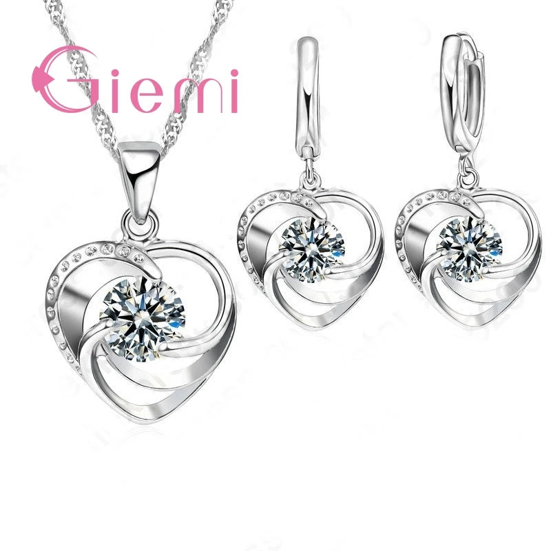 925 Silver Heart Pendant Necklace Earring Set Crystal CZ Wedding Gift