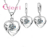 925 Silver Heart Pendant Necklace Earring Set Crystal CZ Wedding Gift