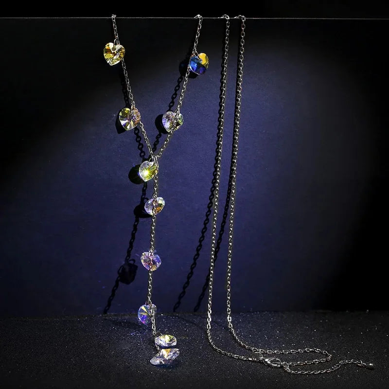Romantic Heart Beads Necklace Crystals From Austria Silver Long