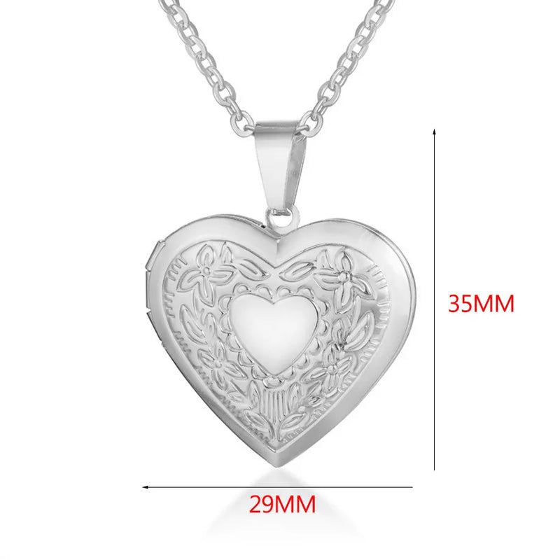 Heart Locket Pendant Necklace Women Silver Stainless Steel Photo Frame