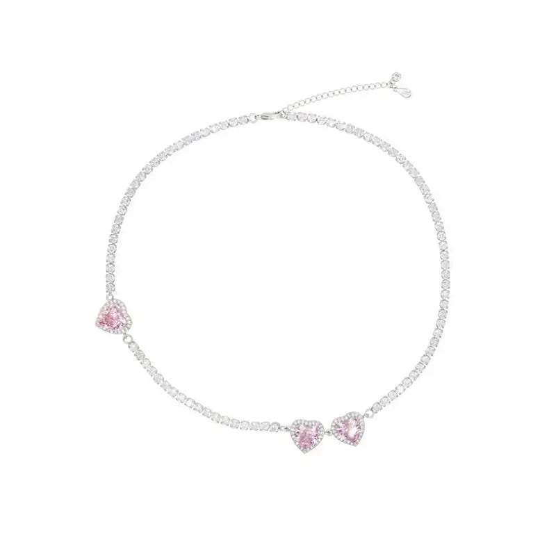 Romantic Heart Pink CZ Necklace Silver Adjustable Sweater Chain