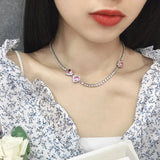 Romantic Heart Pink CZ Necklace Silver Adjustable Sweater Chain