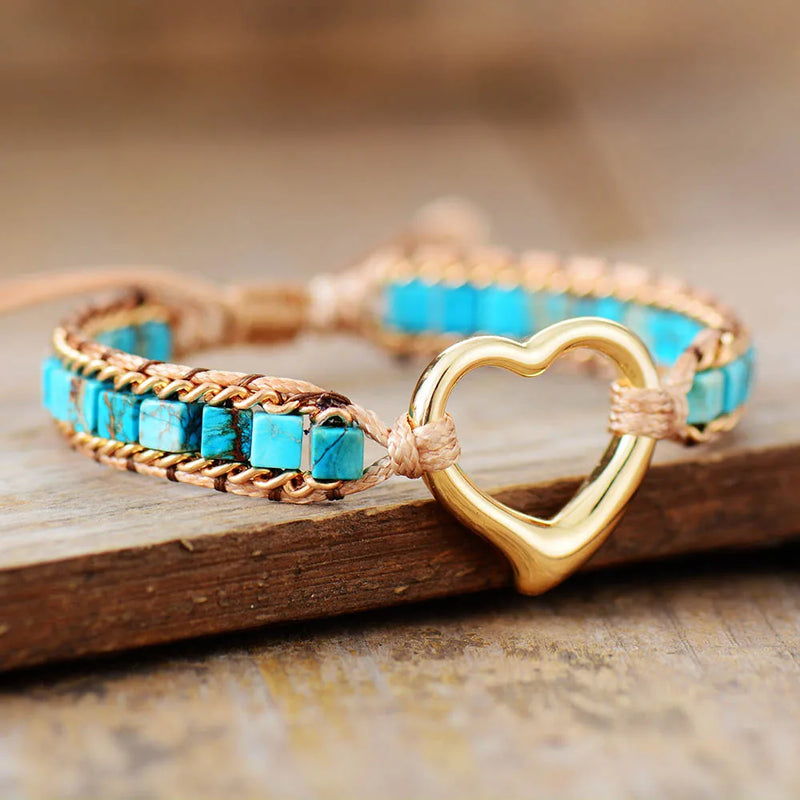 Heart Shape Single Strand Wrap Charm Bracelet Beaded Stone Cuff Bangle