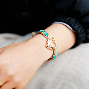 Heart Shape Single Strand Wrap Charm Bracelet Beaded Stone Cuff Bangle