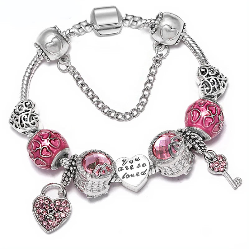 Romantic Key&Lock Pendant Charm Bracelets Silver LOVED Beads Bangles