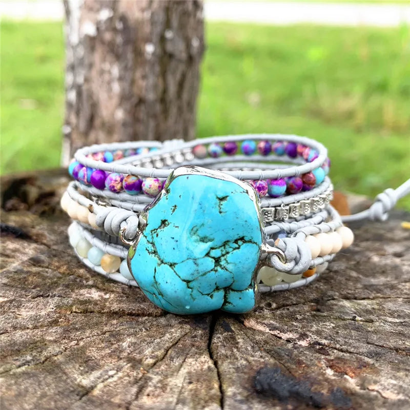Romantic Leather Wrap Bracelet with Turquoise Stone