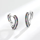 Rainbow Crystal Heart Stud Earrings 925 Silver Women Jewelry