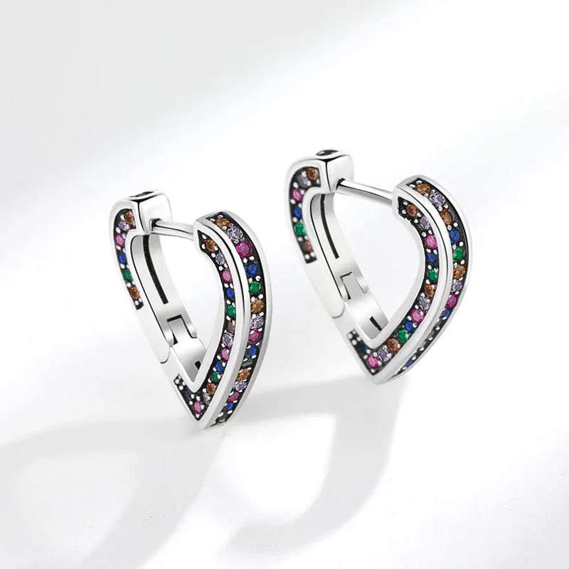 Rainbow Crystal Heart Stud Earrings 925 Silver Women Jewelry
