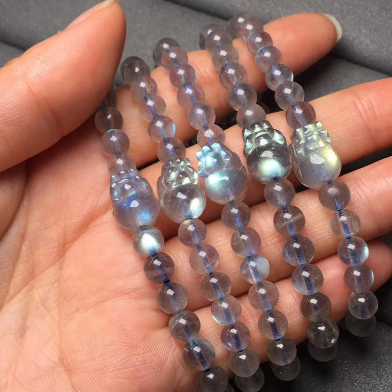 Natural Gray Moonstone/Labradorite Pixiu Bracelet Charm Wealth Luck Jewelry