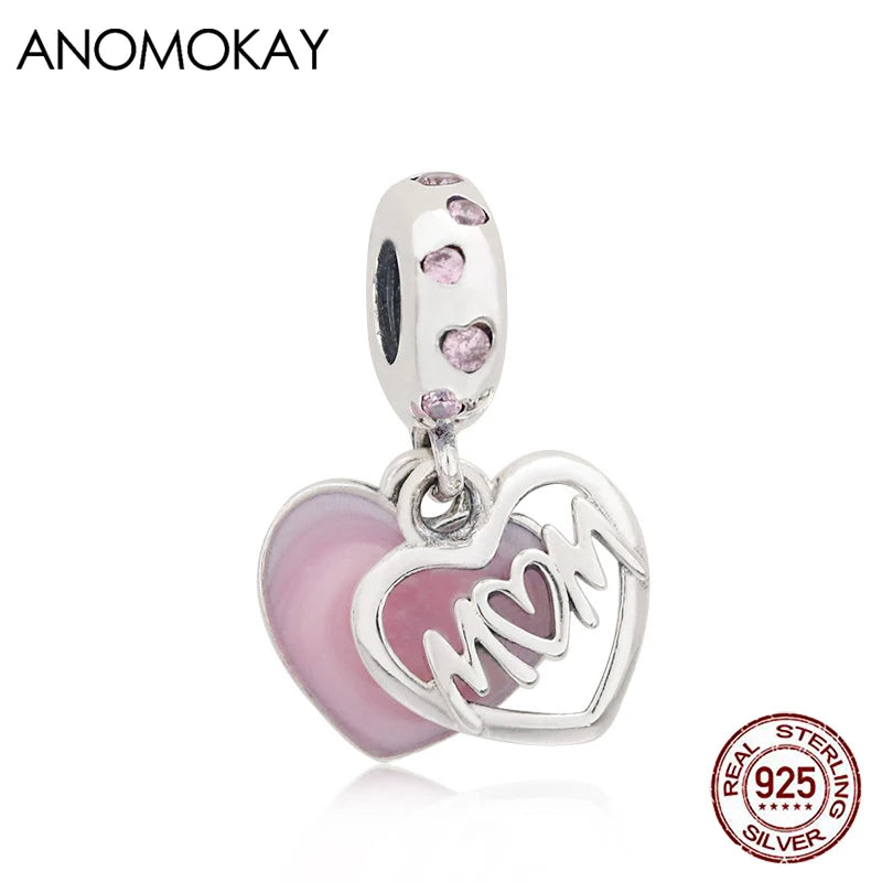 Enamel Crystal Heart Pendant 925 Sterling Silver Love Mom Bead Gift