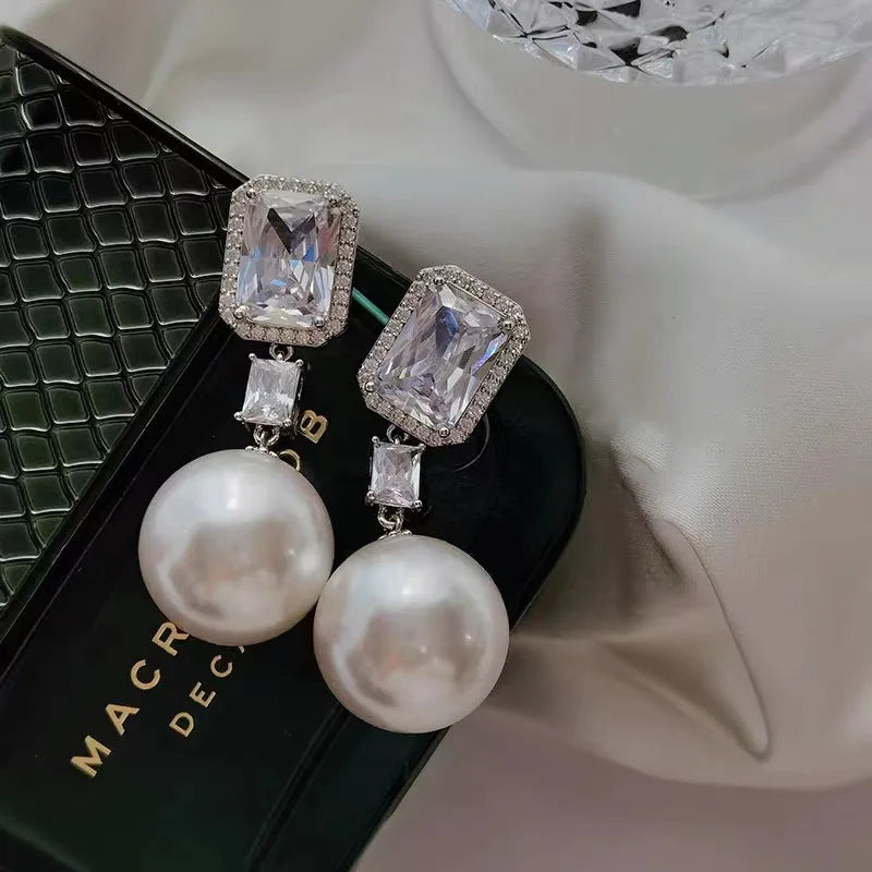 Romantic Pearl Diamond Dangle Earrings 925 Silver Wedding Party Drop Earrings